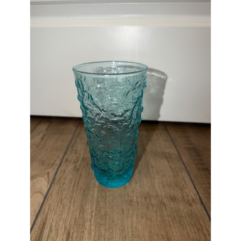 Teal Textured Tumbler Glass Unique Embossed Design Drinkware